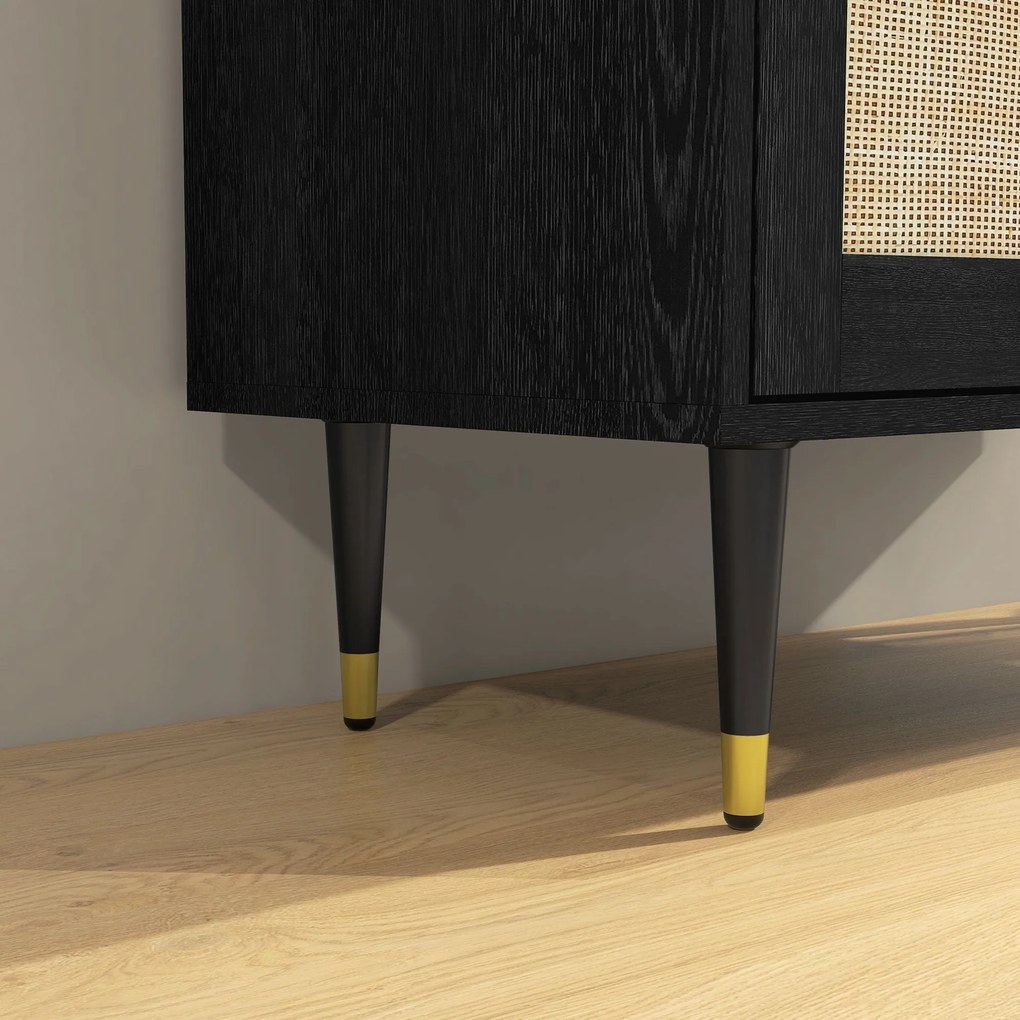 HOMCOM Bohemian Stílusú Konyhai Büfé Tárolószekrény Kétajtós, 2 Szint, Rattan Előlap, 80 x 38 x 79 cm, Fekete | Aosom