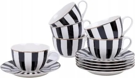 Kávészerviz 6 személyes Csíkos fehér-fekete Csésze 200ml Csészealj Ajándék