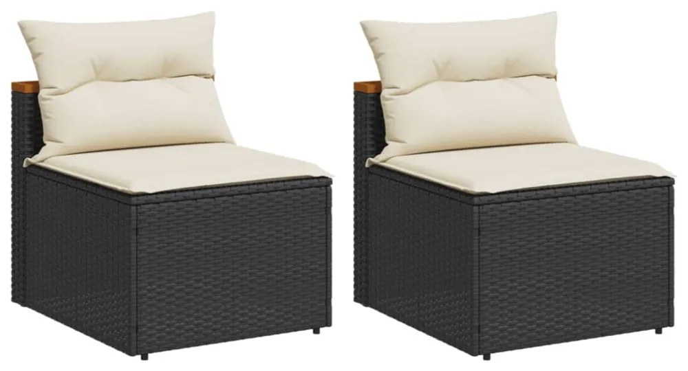 2 db fekete polyrattan karfa nélküli kerti kanapé párnákkal