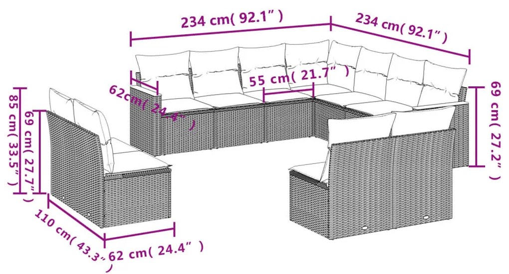 11 részes szürke polyrattan kerti ülőgarnitúra párnákkal