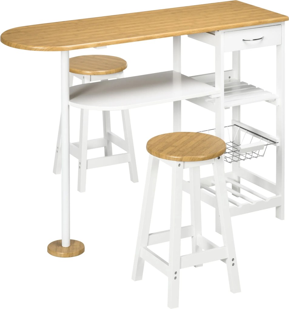 HOMCOM Bárasztal Szett 1 Fiókkal, 2 Polccal, Levehető Kosárral és Borállvány Nappali 119x38.5x88.5 cm Magas Asztallal és 2 db 29x29x55 cm-es Székkel |