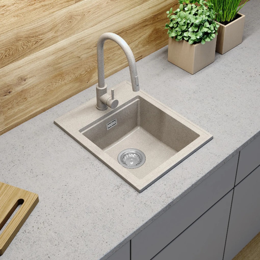 SINK Quality Mosogató Minőségi Ferrum Új 4050, 1 kamrás gránit mosogató 400x500x185 mm + króm szifon, bézs, SKQ-FER.4050.BX