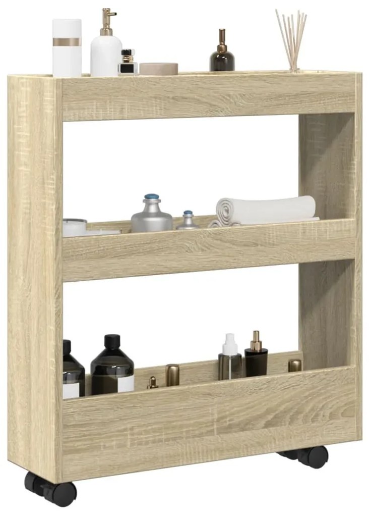 3 szintes sonoma tölgy színű szerelt fa keskeny tárolókocsi