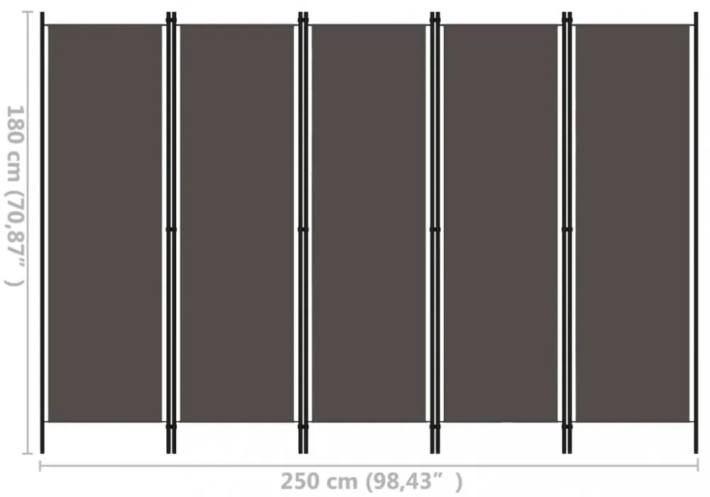 antracitszürke 5 paneles paraván 250 x 180 cm