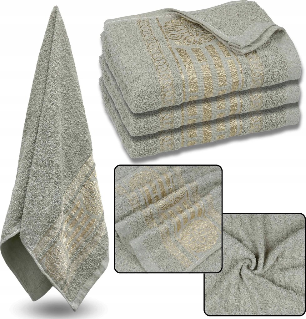 Menta színű pamut törölköző arany hímzéssel, fürdőlepedő 70x135 cm x3