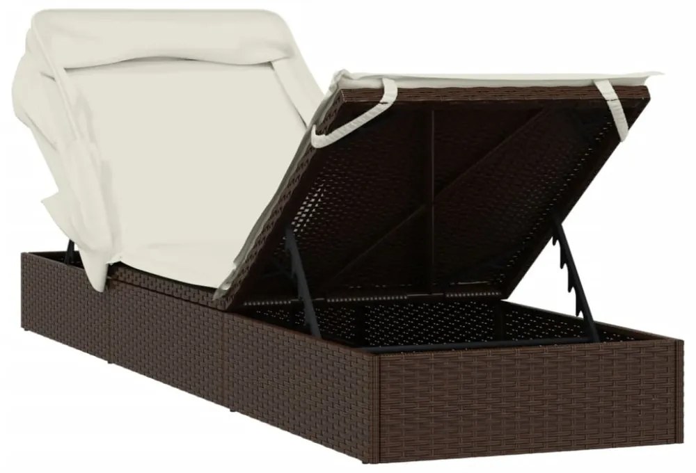 barna polyrattan napozóágy összecsukható tetővel 213x63x97 cm