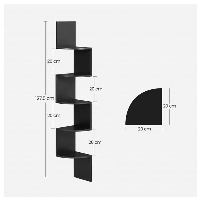 Sarokpolc, 5 szintes fali polc cikkcakkos kialakítással, fekete