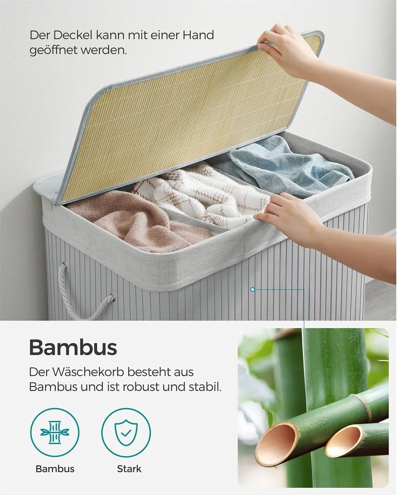 Bambusz kosár szennyestartó 3 rekeszes 3x50L, szürke