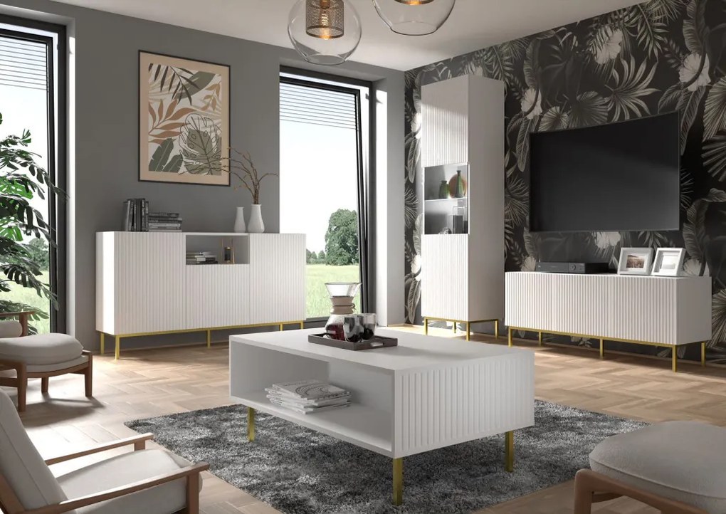 SUPORT TV RAVENNA 150 CM, ALB MAT, CU PICIOARE AURII, SUPORT TV RAVENNA B 3D