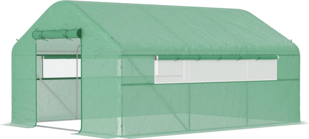 Outsunny Kültéri Üvegház 4x3x2 m Alagút Üvegház 2 Hálós Ablakkal, Anti-UV PE Fedelettel és 1 Cipzáros Felhúzható Ajtóval Zöld Kerthez | Aosom