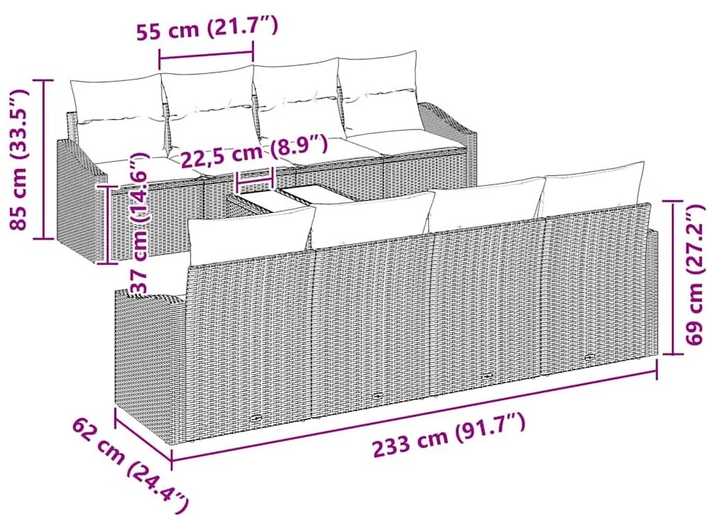 Kerti Kanapé Szett párnával 9 pcs Fekete 55 x 55 x 37 cm
