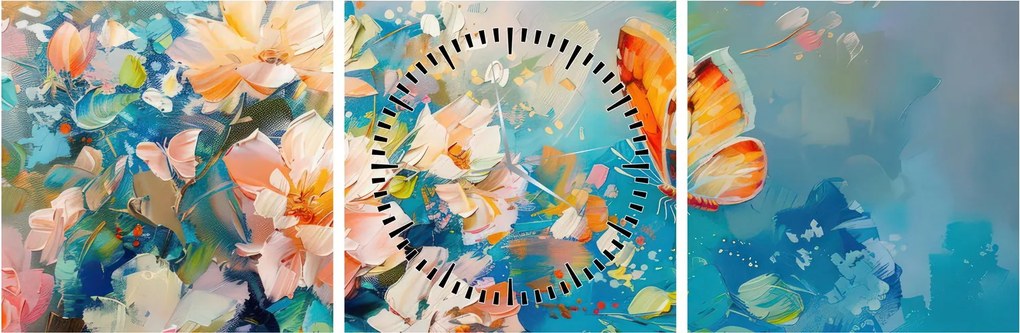 Kép - Pillangó és virágok, olajfestmény II. (órával) (90x30 cm)