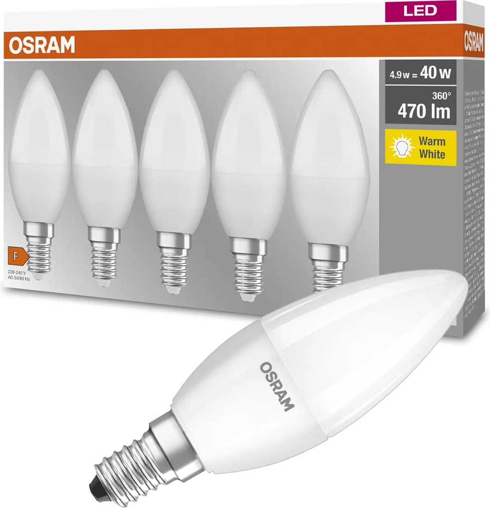 5PAK Led izzó E14 B35 4,9W 40W 470lm 2700K Meleg Osram Base