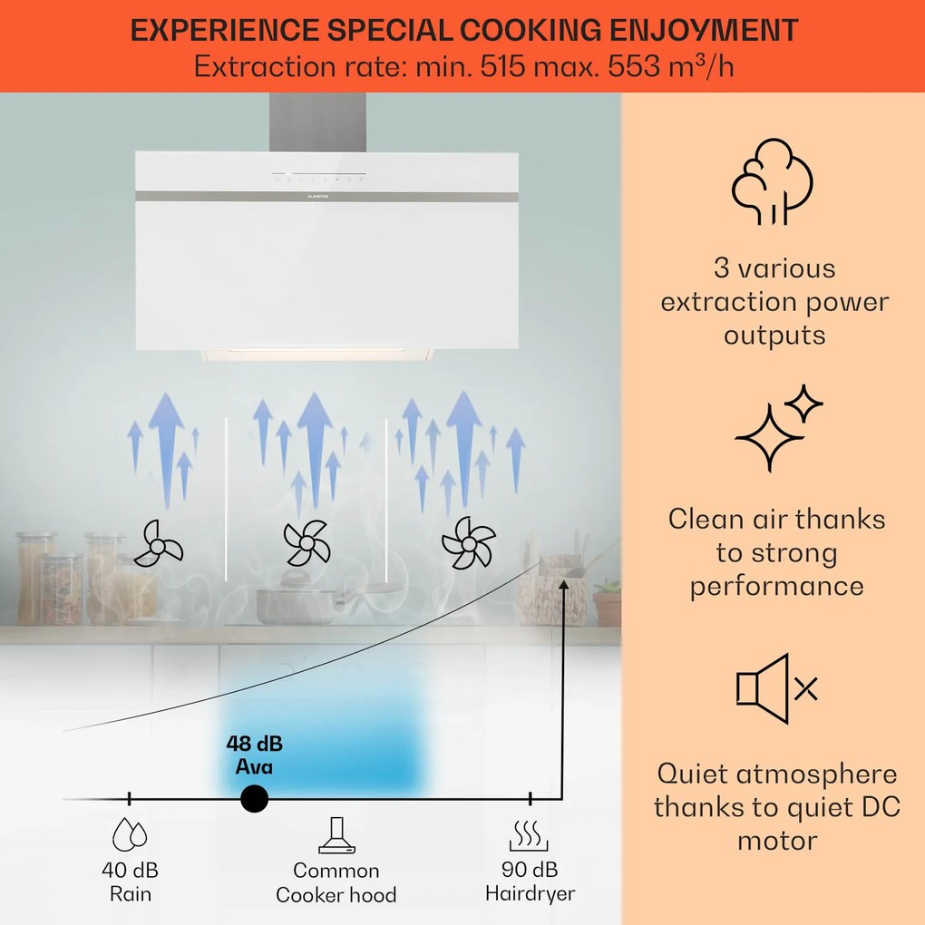 Klarstein Ava 90, Smart, páraelszívó, 90 cm, falra szerelhető, WiFi, A++, 515m³/h, érintőképernyő