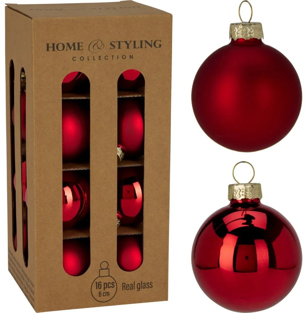 16 darabos karácsonyi díszkészlet Crystal Harmony,piros, átmérő 6 cm, üveg, 6 cm átmérőjű