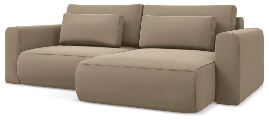 Világosbarna bársony kinyitható-tárolóhelyes sarokkanapé (jobb oldali-heverő résszel) Kapua – Makamii