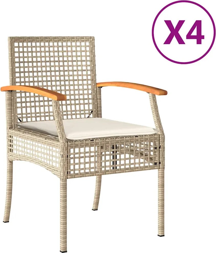 vidaXL 4 db bézs polyrattan és akácfa kerti szék párnákkal