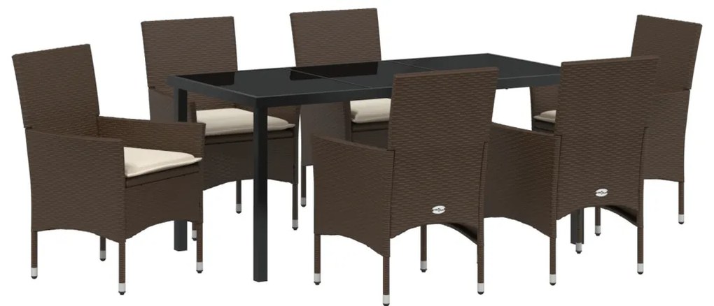 7 darabos Kert Étkezőszett párnákkal Barna Polirattan, Kerti Asztal Fekete 160x80x73 cm Temperált Üveg