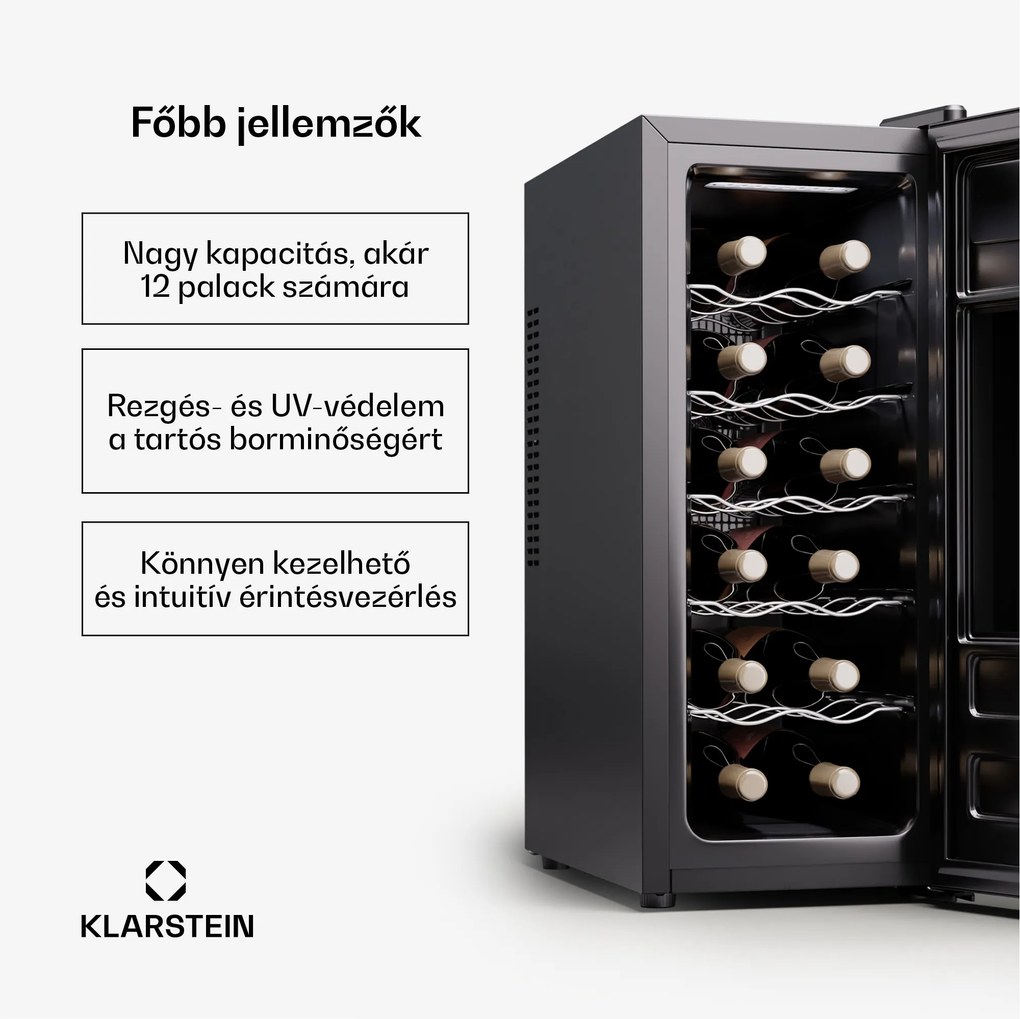 Klarstein Silent Vino 12 Uno Slim Borhűtő, 30 l / 12 palack 8-18 °C Érintős