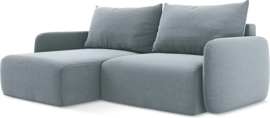 Kék bársony kinyitható-tárolóhelyes sarokkanapé (bal oldali-heverő résszel) Kalena – Makamii