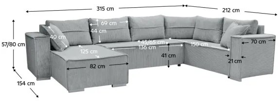Univerzális, kihúzható U-alakú sarokgarnitúra LONDON, szürke