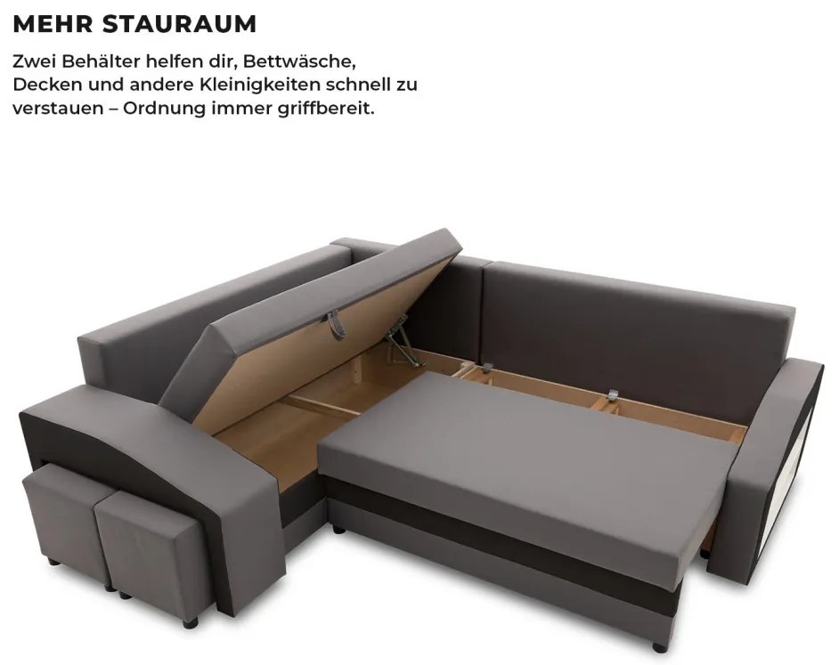 Grande sarokkanapé polcokkal és puffokkal , polc a jobb karfaban puffok a bal karfaban, baloldali, szövet anyag, hab töltet, szürke - fekete