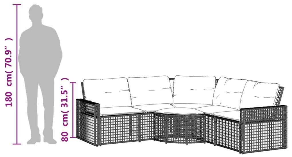vidaXL L-alakú fekete polyrattan kerti kanapé párnával és lábtartóval