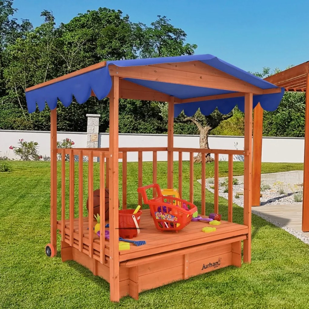 HAPPY verandás homokozó, 130x130x143cm, barna/kék Jurhan