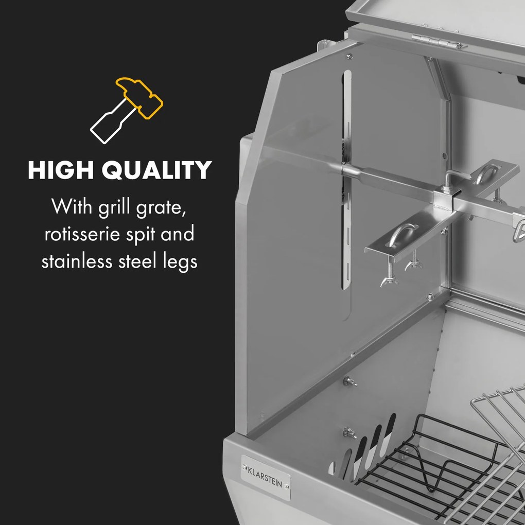 Klarstein Sauenland Pro XL, malacsütő grill, forgó nyárs, 13 W, 4 kerék, rozsdamentes acél