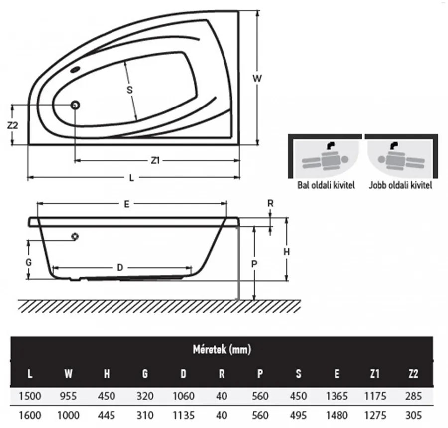 Matana balos aszimmetrikus kádtest 150, lábbal