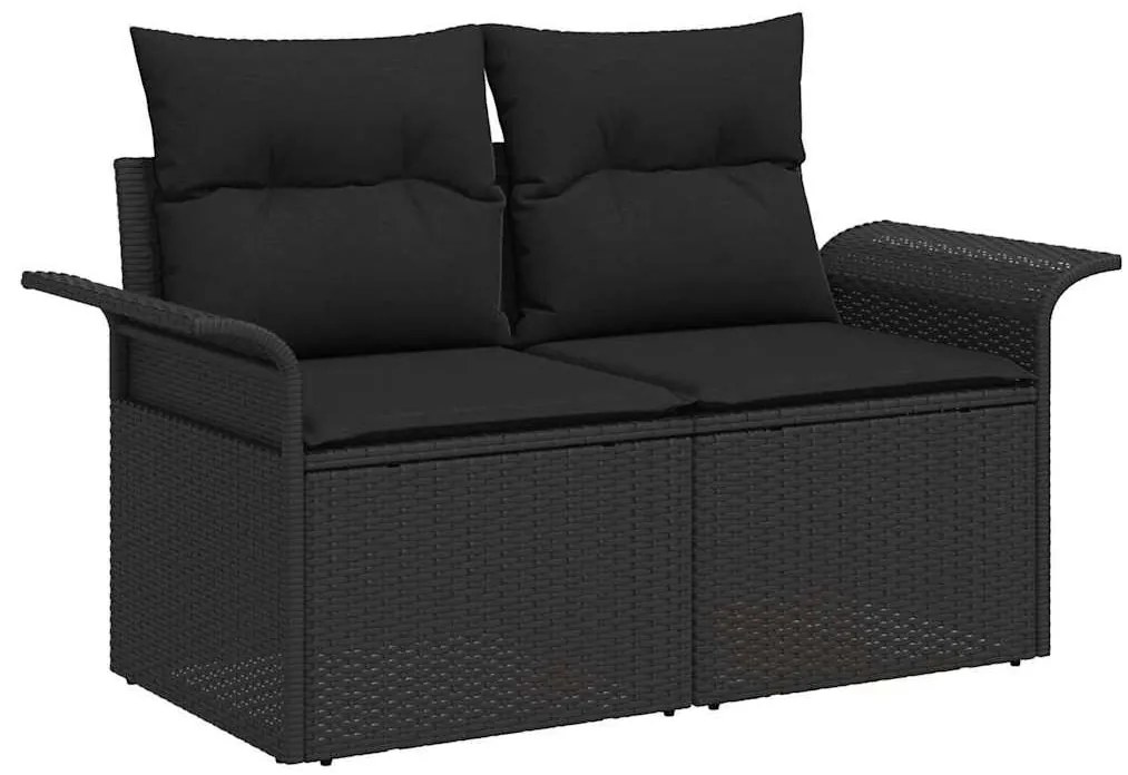 Kerti Kanapé Szett 7 pcs Fekete Poli rattan, acél, tömör akácfa