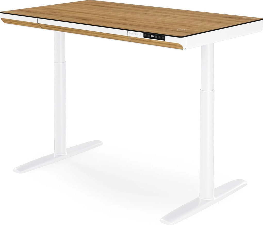 Elektromos ülő-álló íróasztal fiókkal és Qi vezeték nélküli töltővel fehér/aranytölgy, 1200 mm: ELLIS