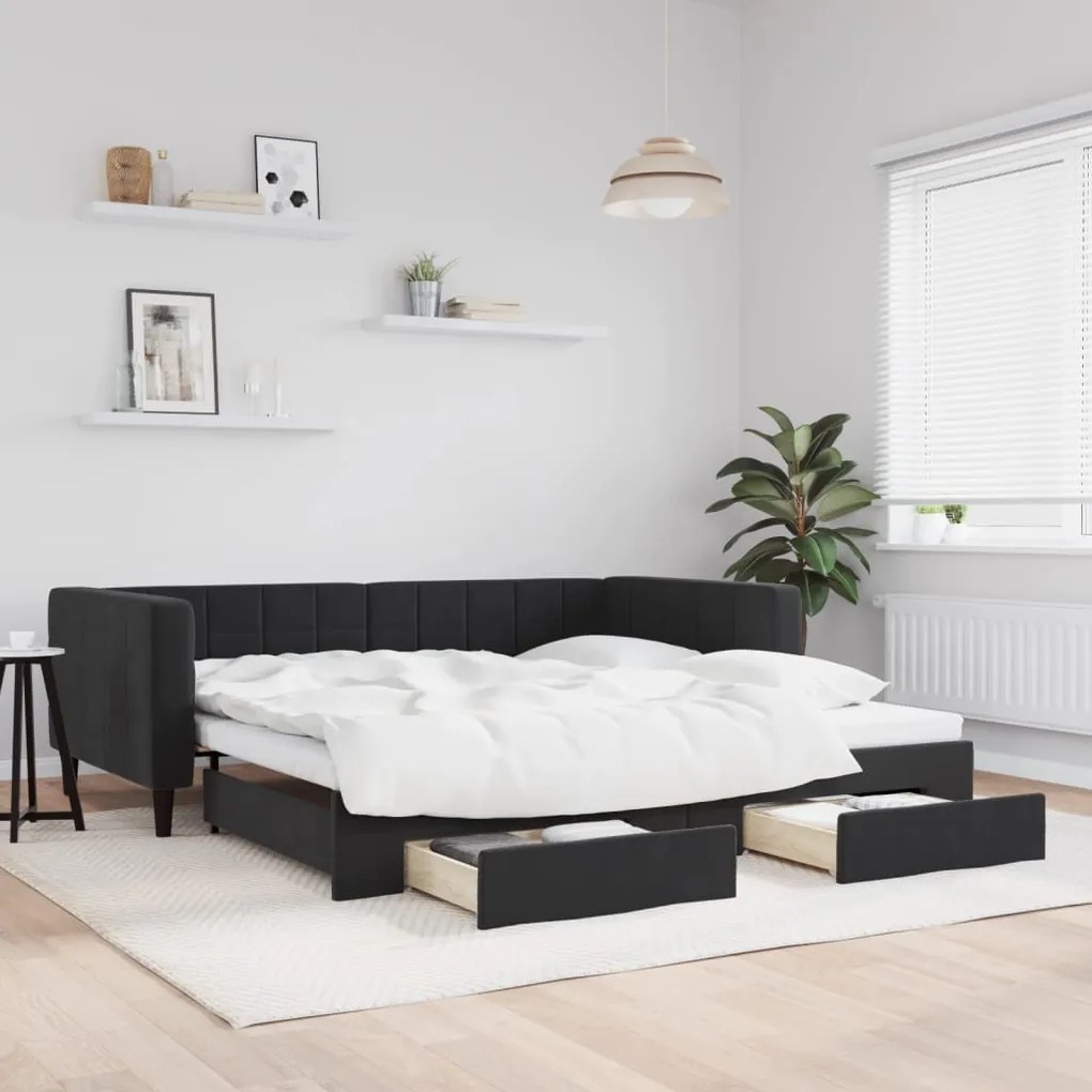 fekete kihúzható bársony heverő fiókkal 100 x 200 cm