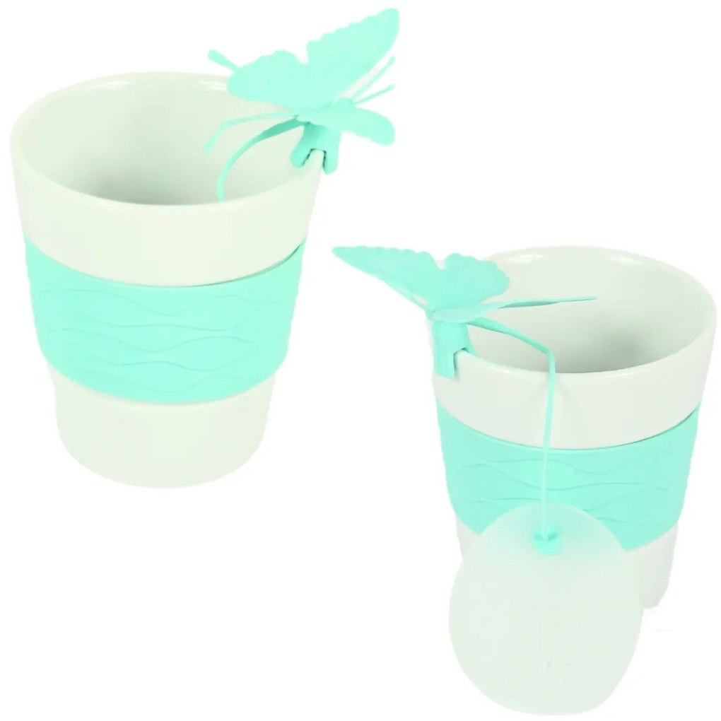 Porcelán bögre SILICONE BUTTERFLY teaszűrővel 280 ml, zöld
