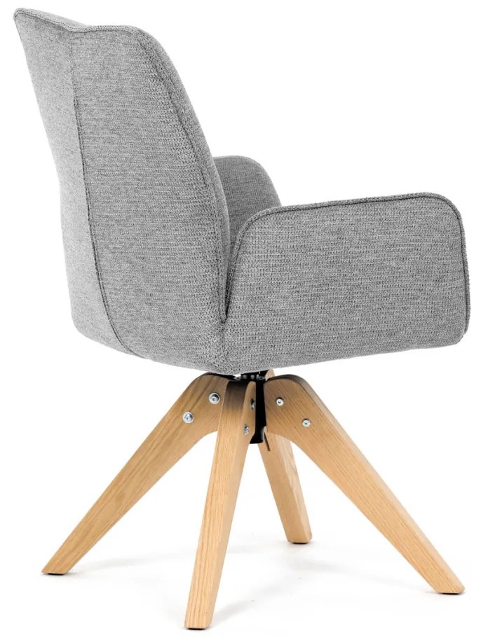 Scaun de sufragerie cu cotiere, din material hidrofug gri deschis, cu picioare de stejar, rotativ 360°