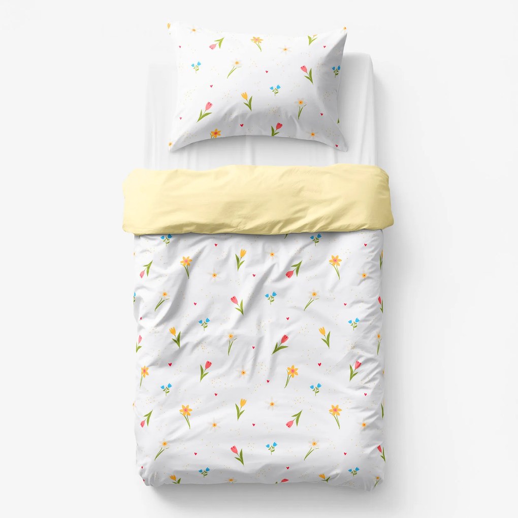Goldea gyermek pamut ágyneműhuzat duo - virágos kert, banán színű hátoldal 140 x 200 és 70 x 90 cm