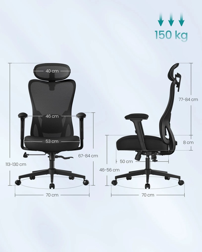 SONGMICS ergonomikus irodai szék, állítható fejtámlával és deréktámasszal, tintafekete