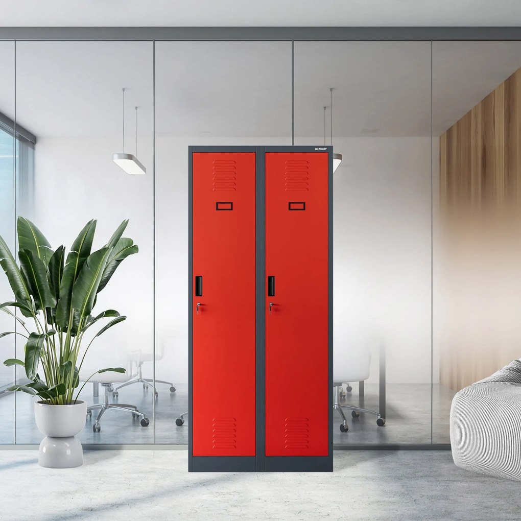 Pléh öltözőszekrény talpazaton, kétmodulos, polccal és köztes fallal KACPER, 800 x 1800 x 500 mm, antracit-piros