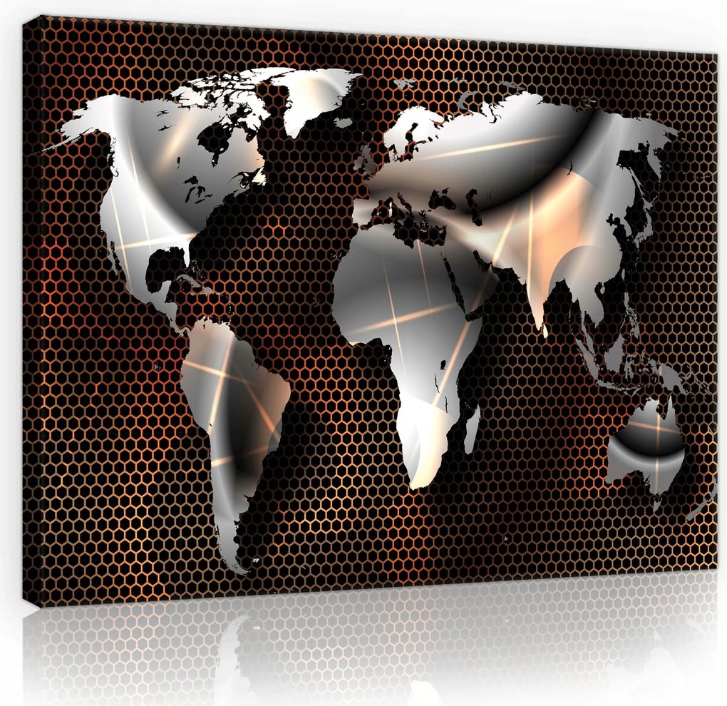 Vászonkép 80x60 Világtérkép metál ezüst szürke narancssárga hexagonális