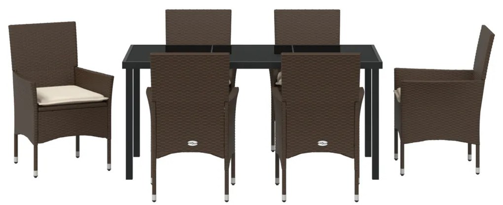 7 darabos Kert Étkezőszett párnákkal Barna Polirattan, Kerti Asztal Fekete 160x80x73 cm Temperált Üveg