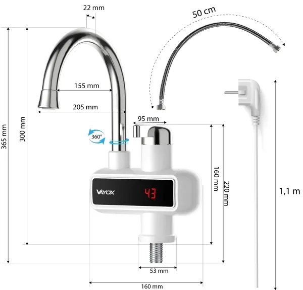 Átfolyós vízmelegítő LED kijelzővel 3000W/230V IPX4 fehér