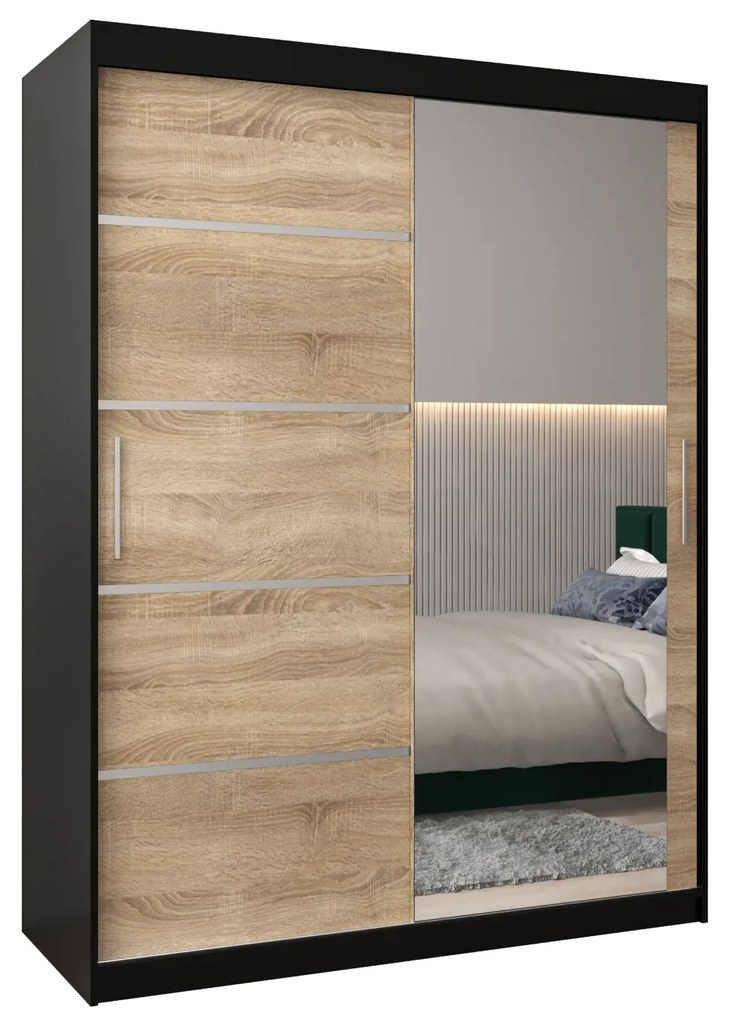 Ruhásszekrény 150 cm tükörrel Verika 2 150 (fekete + szonoma tölgy). 1064204