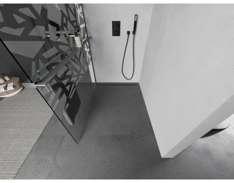 Mexen Kioto+, Walk-In zuhany paraván polccal és akasztóval 130 x 200 cm, 8 mm átlátszó üveg fehér mintás, grafit profil, 800-130-121-66-85