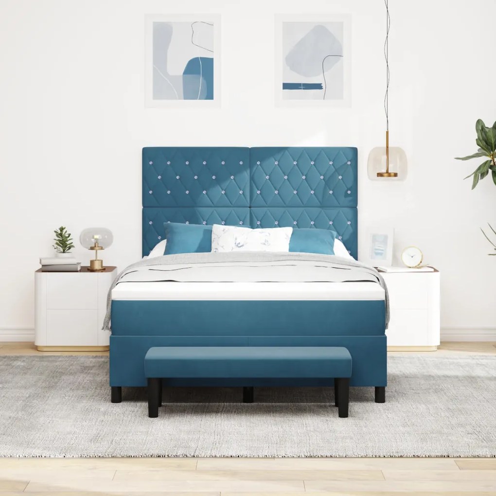 Box Spring Ágy Matraccal és Padával Sötétkék 140x190 cm Bársony