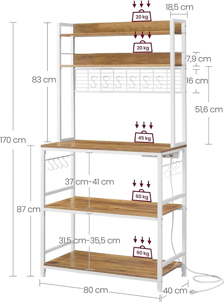 Konyhai polc, rendszerező polc konnektorokkal, 40x80x170 cm, barna- fehér