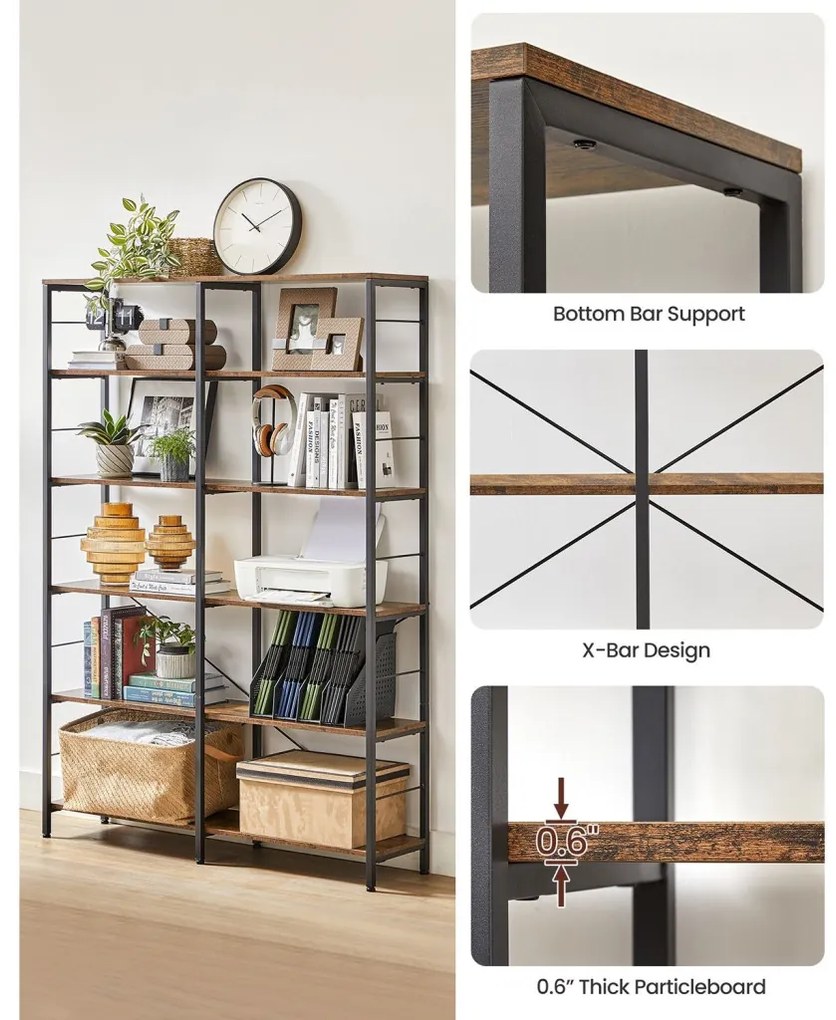 Könyvespolc, tárolópolc, rusztikus barna 172×120×30 cm