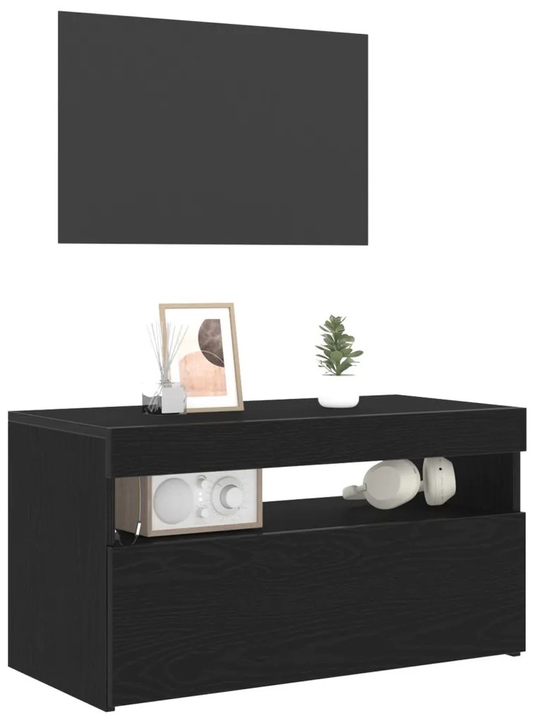 LED-es tévékabinet, fekete tölgy, 75x35x40 cm, összeszerelve, fa