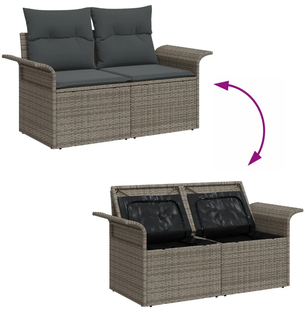 5 Darabos Kert Sofa Készlet Párnákkal Szürke Poli Rattan Akác, 2-Személyes Kert Sofa Tárolóval és Párnákkal Szürke Poli Rattan