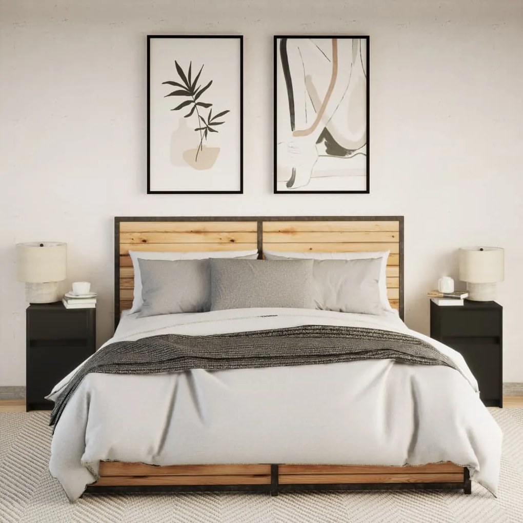 2 db fekete szerelt fa éjjeliszekrény LED-fényekkel