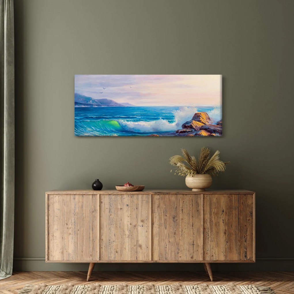 A sziklákat megütő hullámok képe, olajfestmény (120x50 cm)
